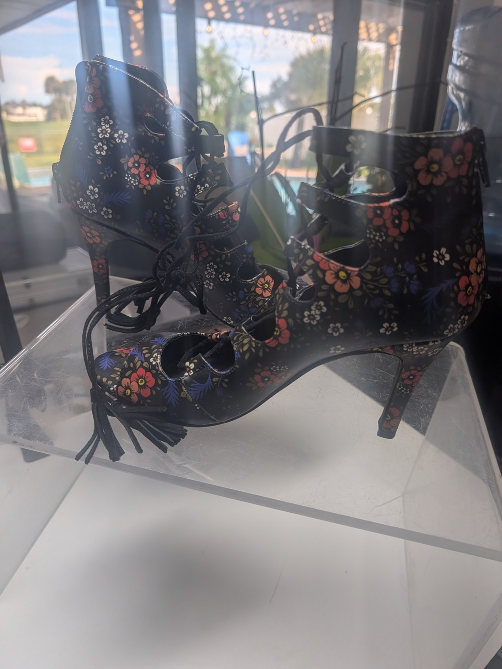 Nine West Black Lace-Up Floral Peep Toe Heels